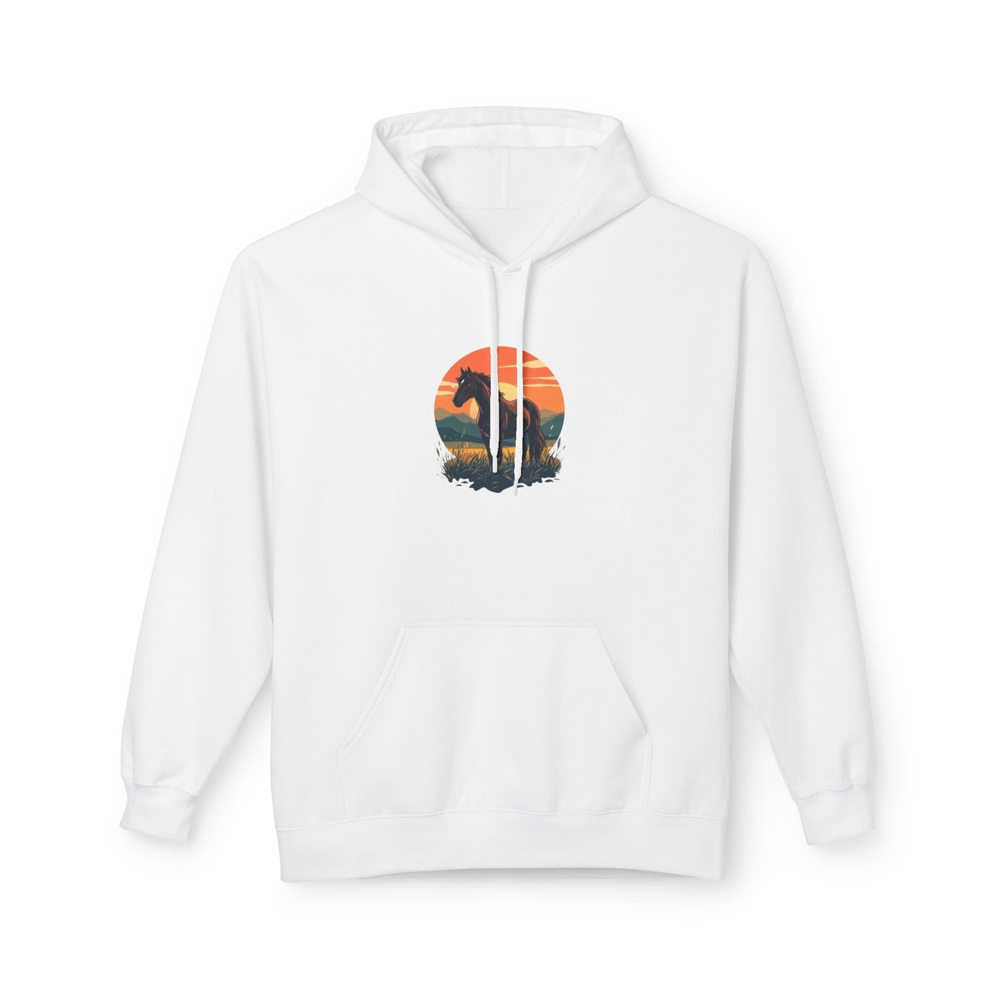 Daisy yellow pullover hoodie with a vintage sunset and horse graphic on the front.