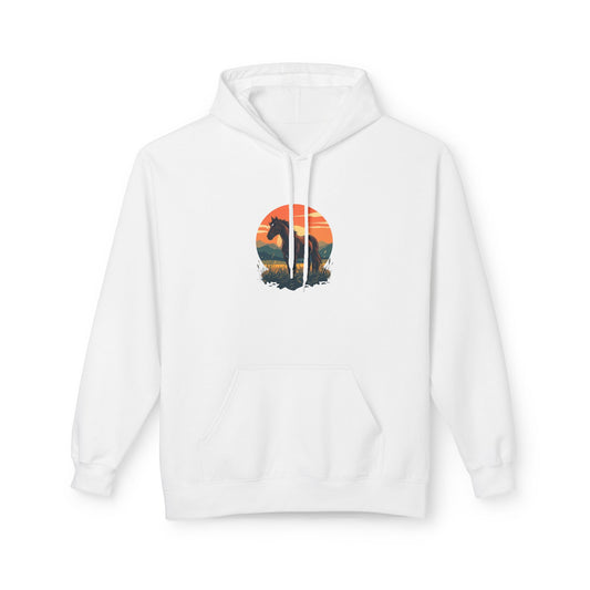 Daisy yellow pullover hoodie with a vintage sunset and horse graphic on the front.