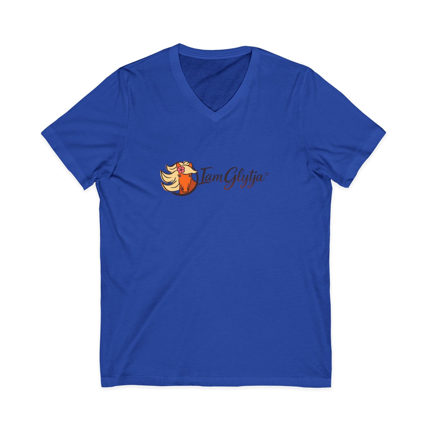 Blue t-shirt with a logo on a white background