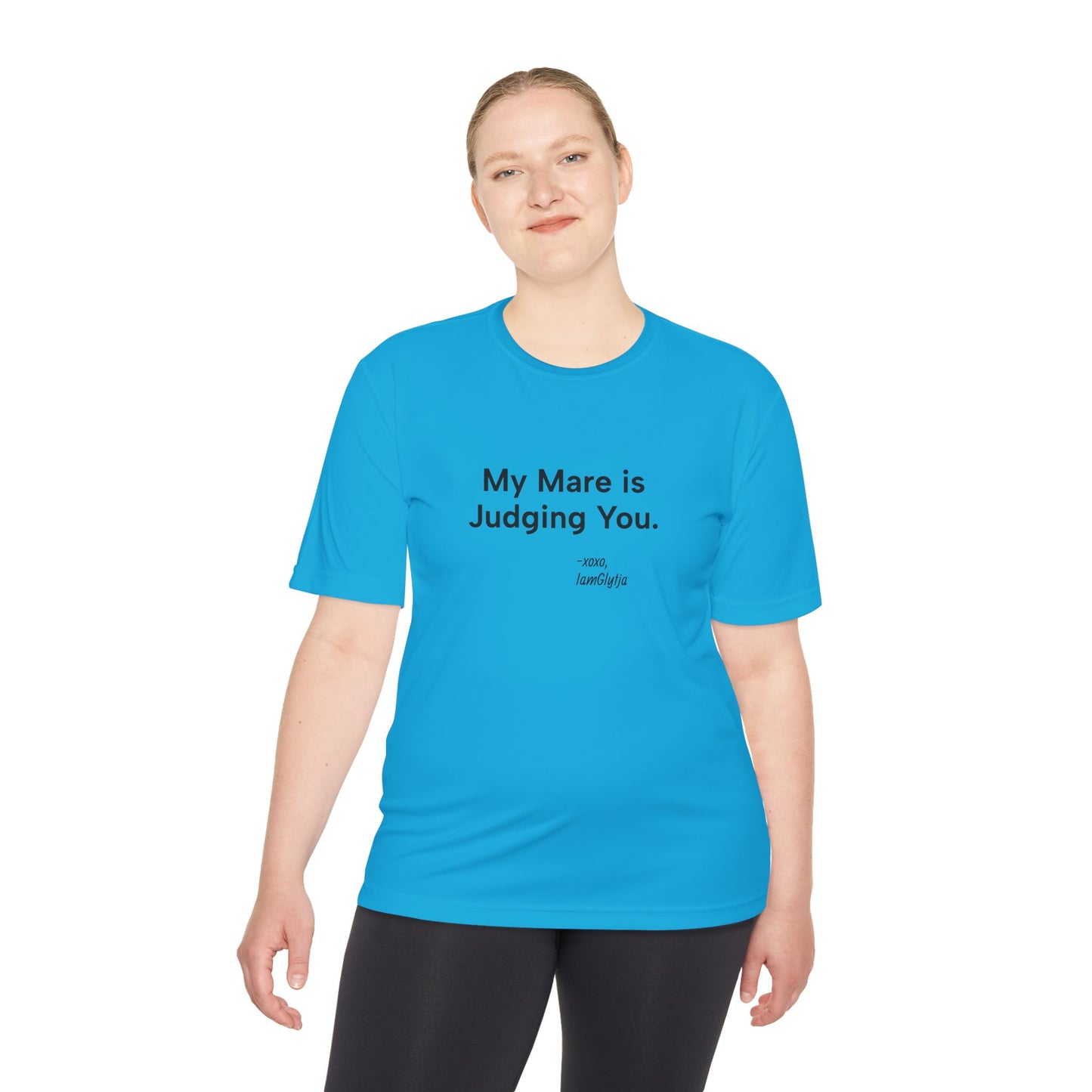 Person wearing a blue t-shirt with text on a white background