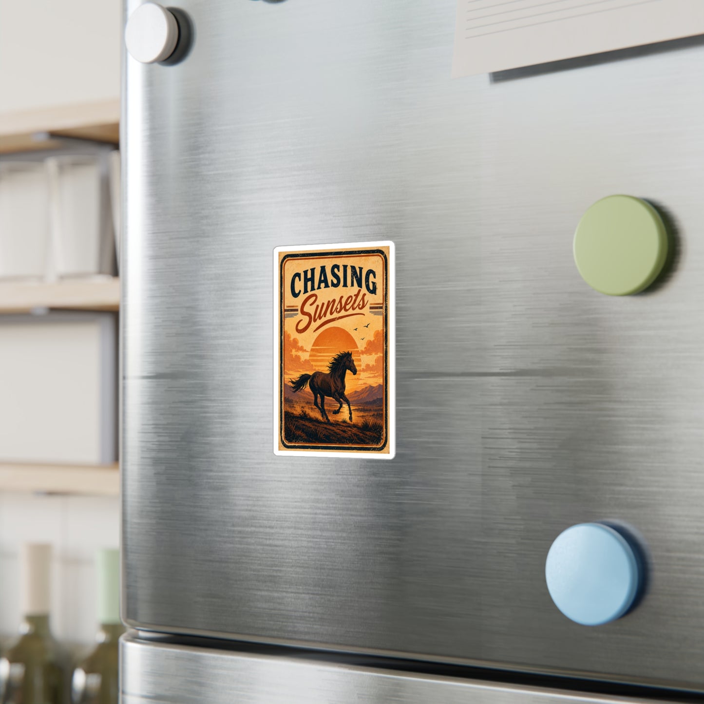 Chasing Sunsets horse sticker shown applied to a surface