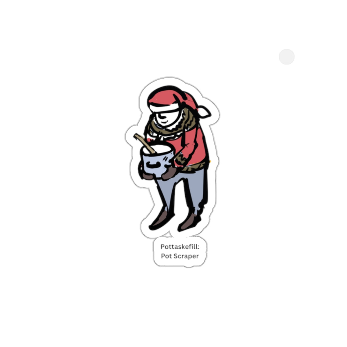 Pot Scraper Yule Lad die-cut vinyl sticker with Charlotte Guernsey's illustration of Pot Scraper