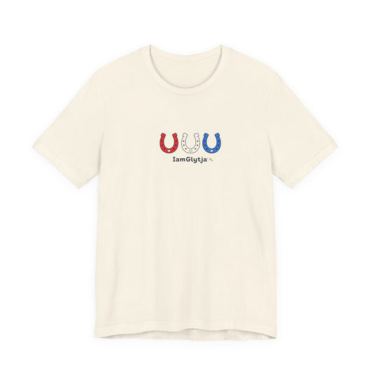 Red, white, and blue horseshoe graphic t-shirt, alternate colorway