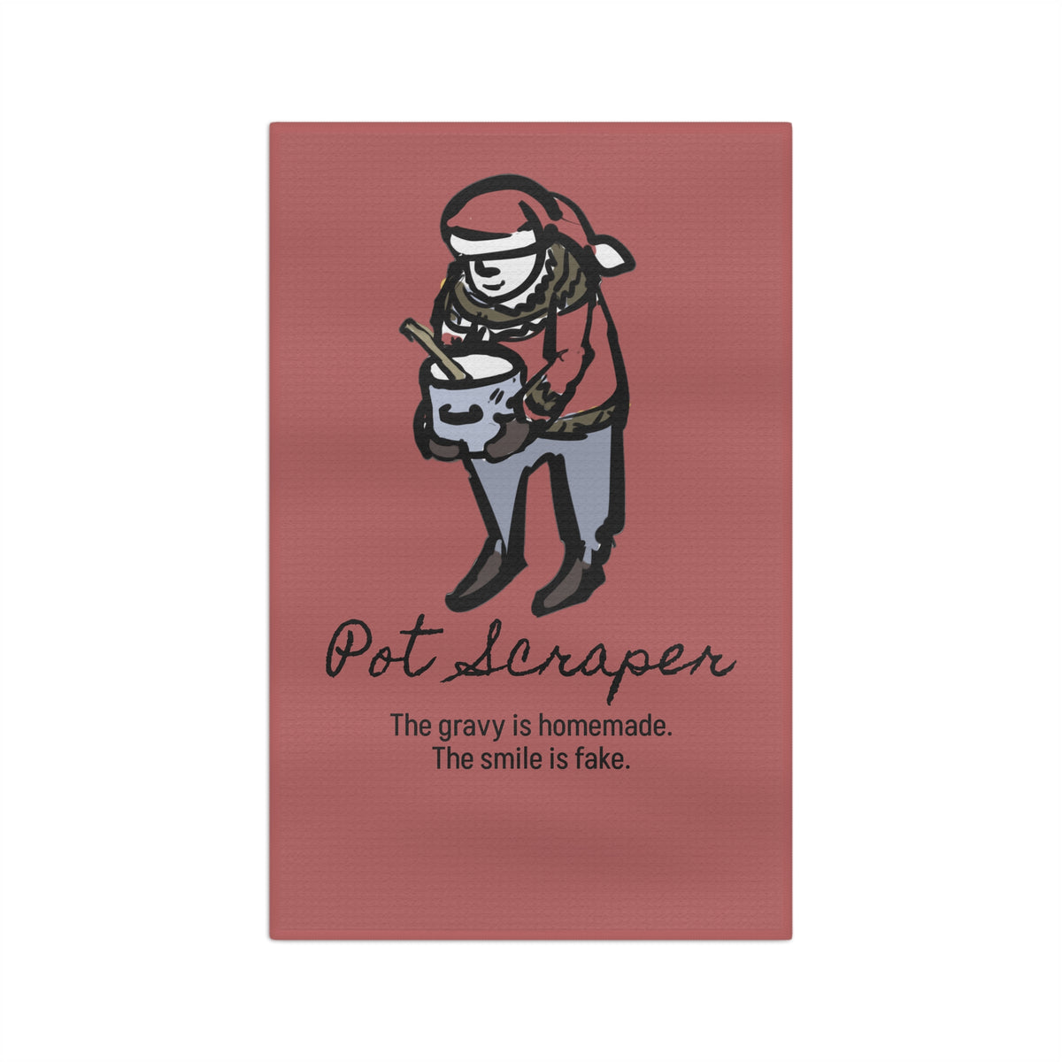 "The Gravy Is Homemade. The Smile Is Fake." Pot Scraper Yule Lad kitchen towel, art by Charlotte Guernsey