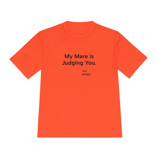 Orange t-shirt with black text on a white background