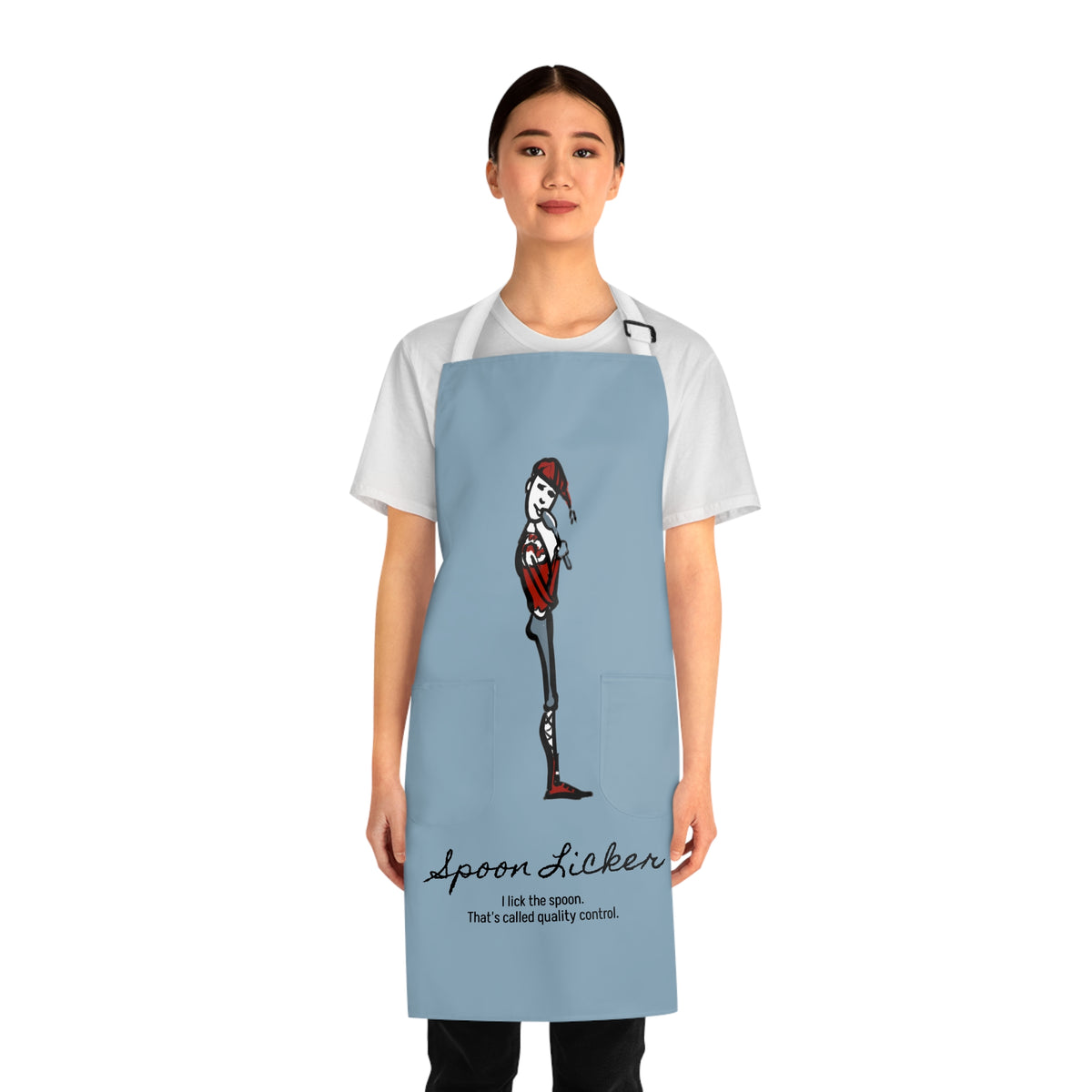 Another view of the Spoon Licker Yule Lad apron, I Lick the Spoon. That's Called Quality Control., illustrated by Charlotte Guernsey