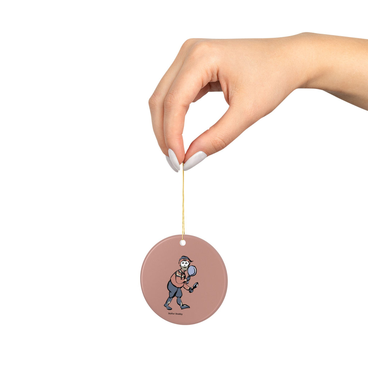Another view of the Stubby Yule Lad ceramic ornament, illustrated by Charlotte Guernsey