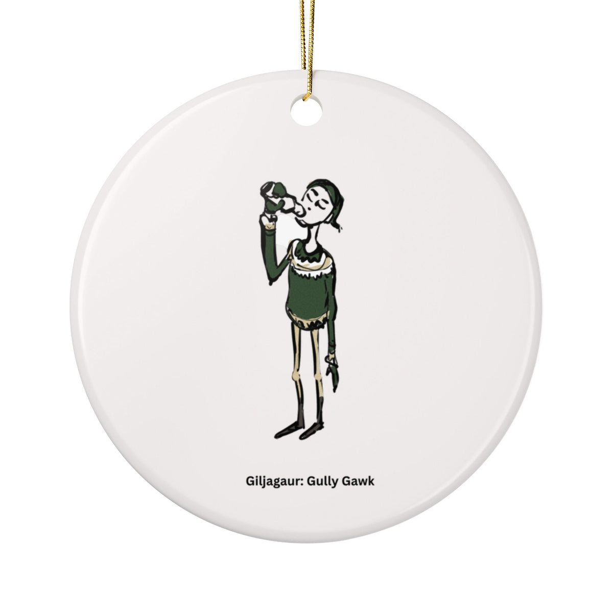 Gully Gawk Yule Lad round ceramic Christmas ornament with Charlotte Guernsey's illustration of Gully Gawk and a gold hanging cord