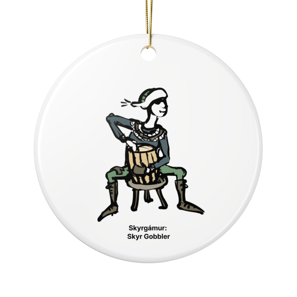Skyr Gobbler Yule Lad round ceramic Christmas ornament with Charlotte Guernsey's illustration of Skyr Gobbler and a gold hanging cord