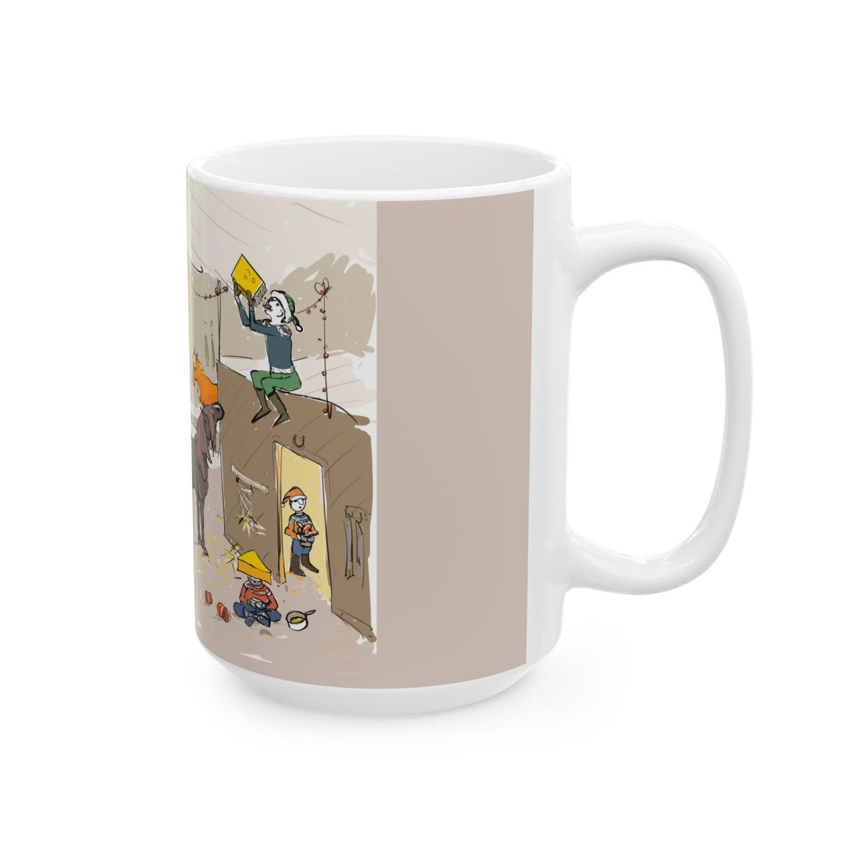 Another view of The Great Christmas Disaster Yule Lads 15 oz mug, illustrated by Charlotte Guernsey