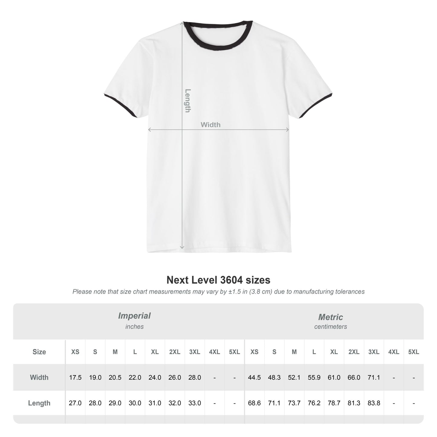 White t-shirt with measurement markings and size chart on a white background