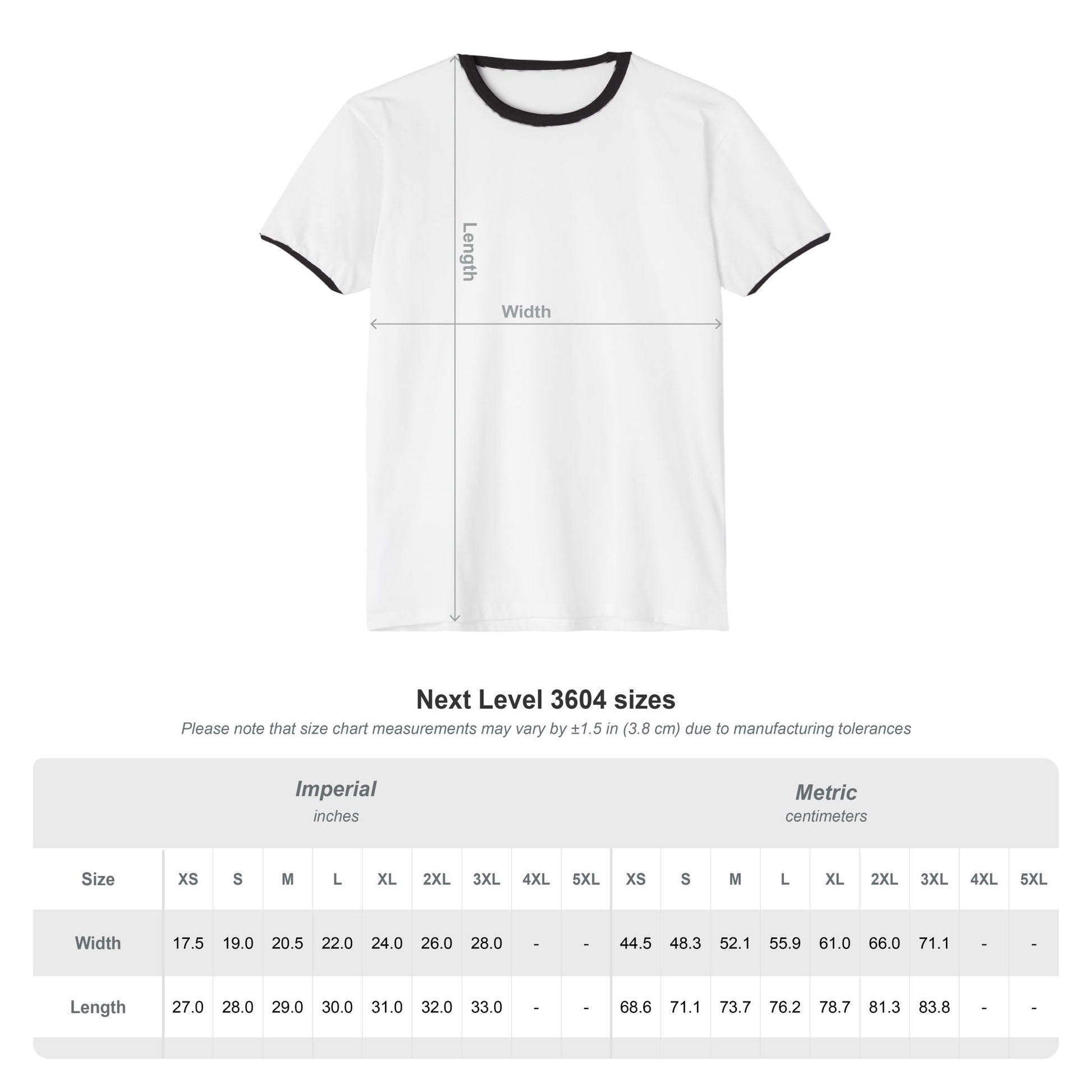 White t-shirt with measurement markings and size chart on a white background
