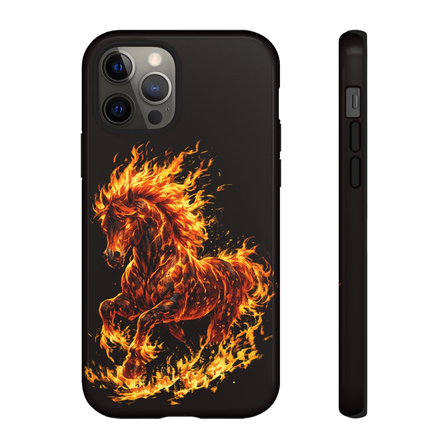 Phone case with a fiery horse design on a black background