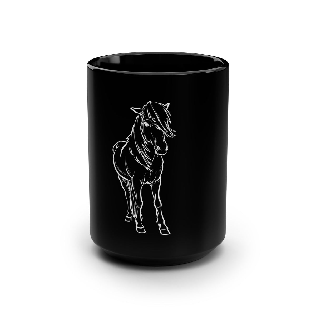 Fróði Icelandic horse mug, black 15 oz ceramic, sketch by Charlotte Guernsey