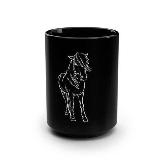 Fróði Icelandic horse mug, black 15 oz ceramic, sketch by Charlotte Guernsey