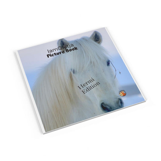Book cover with a white horse and text 'IamGlytja Picture Book Hermi Edition' on a white background