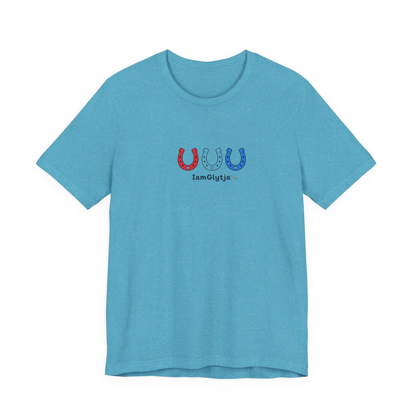Red, white, and blue horseshoes tee shown in heather color