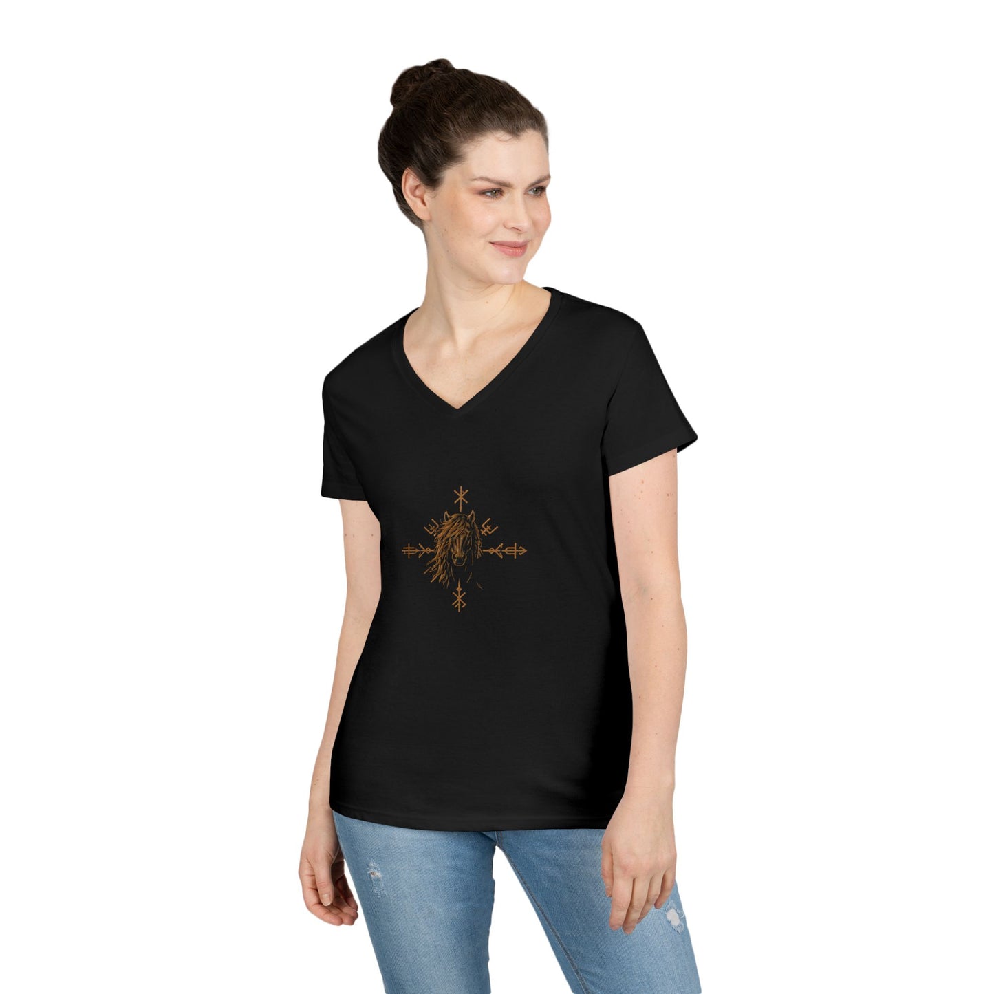 Woman wearing a black V-neck t-shirt with Icelandic horse 