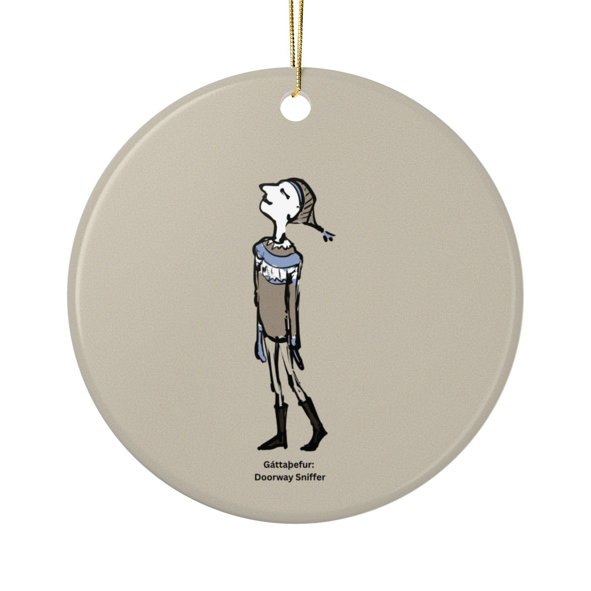 Doorway Sniffer Yule Lad round ceramic Christmas ornament with Charlotte Guernsey's illustration of Doorway Sniffer and a gold hanging cord