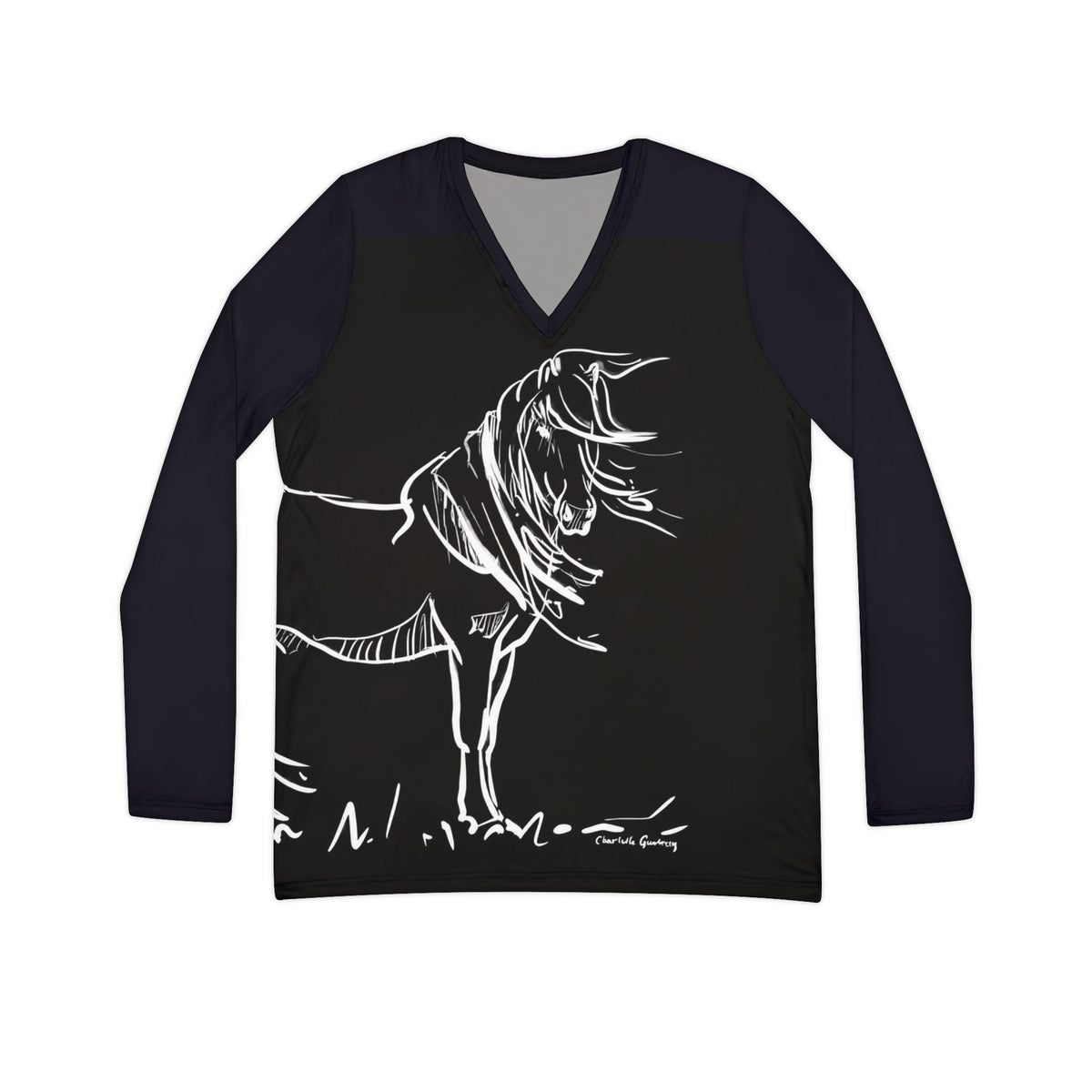 Windswept Icelandic Horse women's long sleeve V-neck with art by Charlotte Guernsey