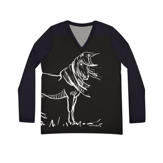 Windswept Icelandic Horse women's long sleeve V-neck with art by Charlotte Guernsey
