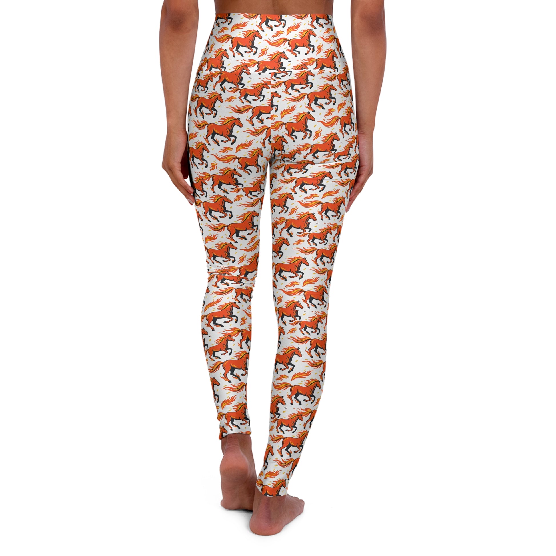 Leggings with horse pattern worn by a person on a white background