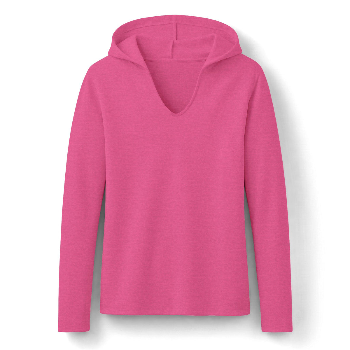 A bright pink long-sleeve hooded top with a V-neckline, displayed on a clean white background.