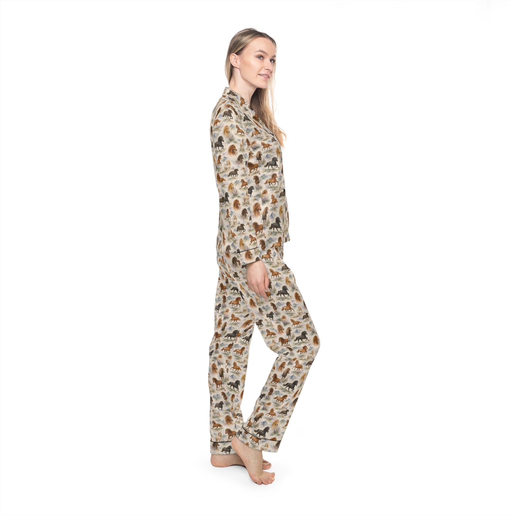 Equestrian satin pajama set with watercolor horses, alternate view