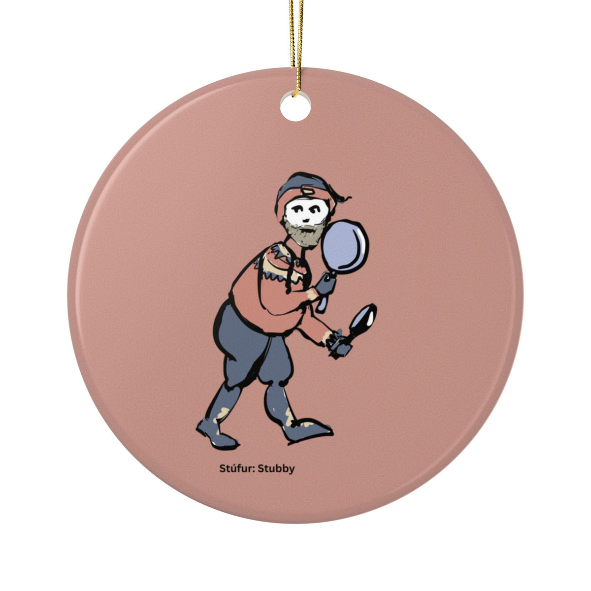 Stubby Yule Lad round ceramic Christmas ornament with Charlotte Guernsey's illustration of Stubby and a gold hanging cord