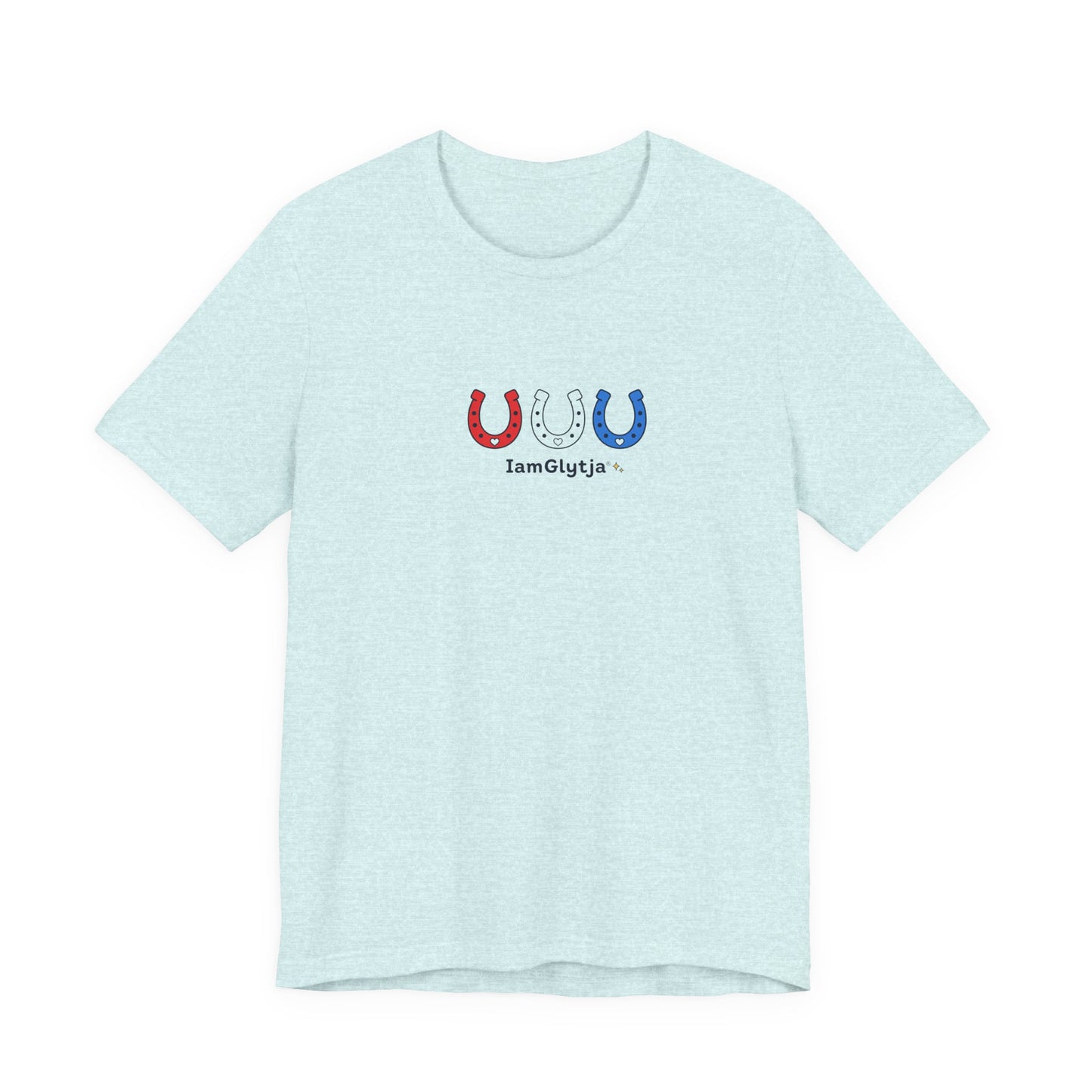 Lucky horseshoe tee with red, white, and blue horseshoes design from IamGlytja