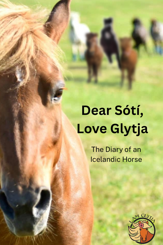 Close-up of a horse's face with other horses in the background, featuring the book 'Dear Sotó, Love Glytja' by Glytja.