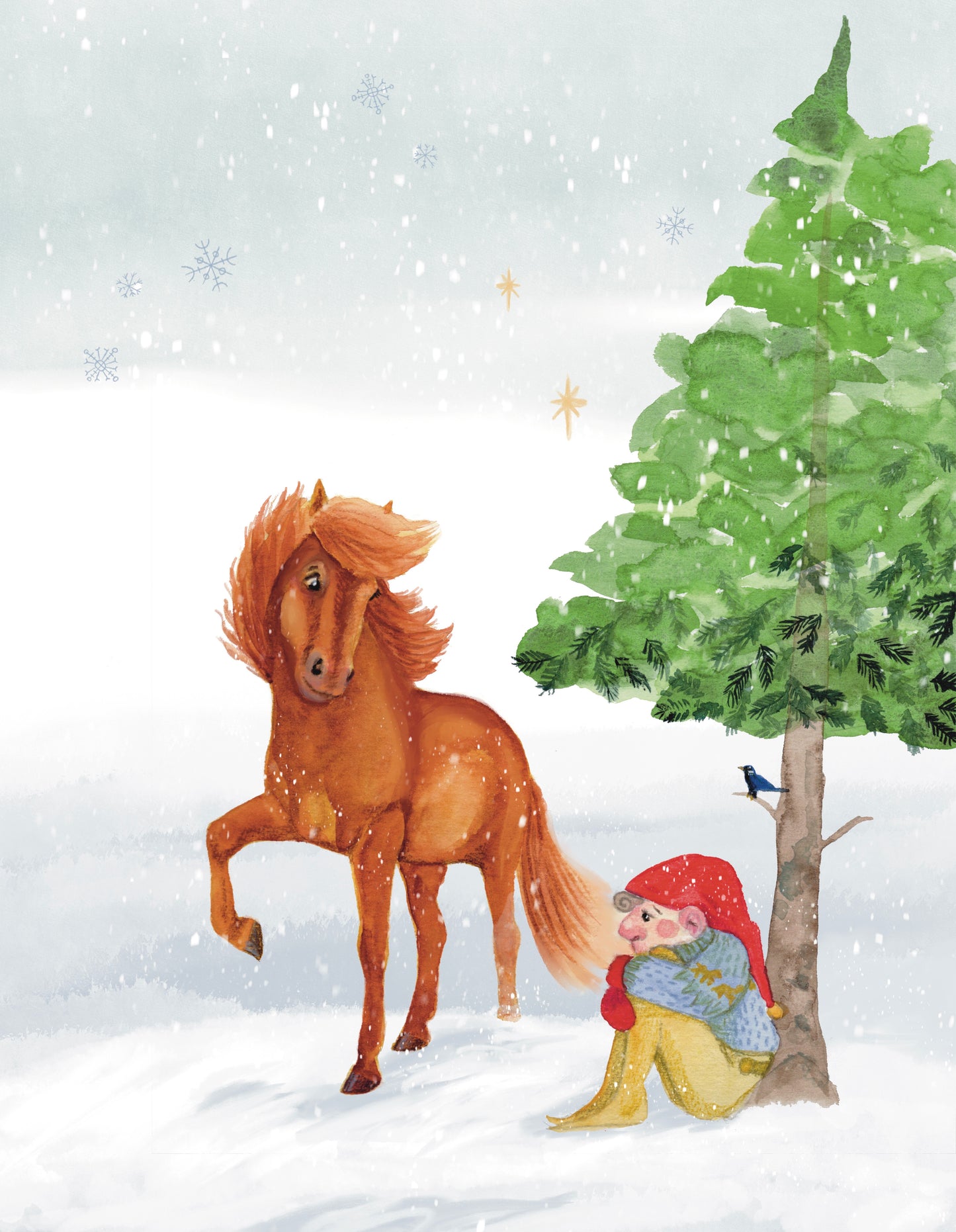 Illustration of a horse and a gnome in a snowy landscape with a tree.