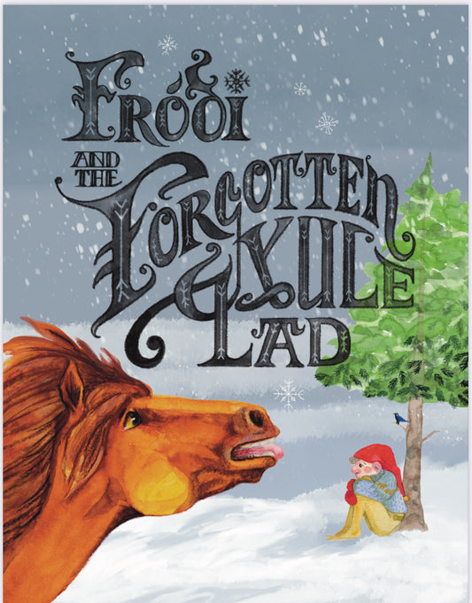 Book cover of 'Frodi and the Forgotten Yule Lad' with a horse and child in a snowy landscape.
