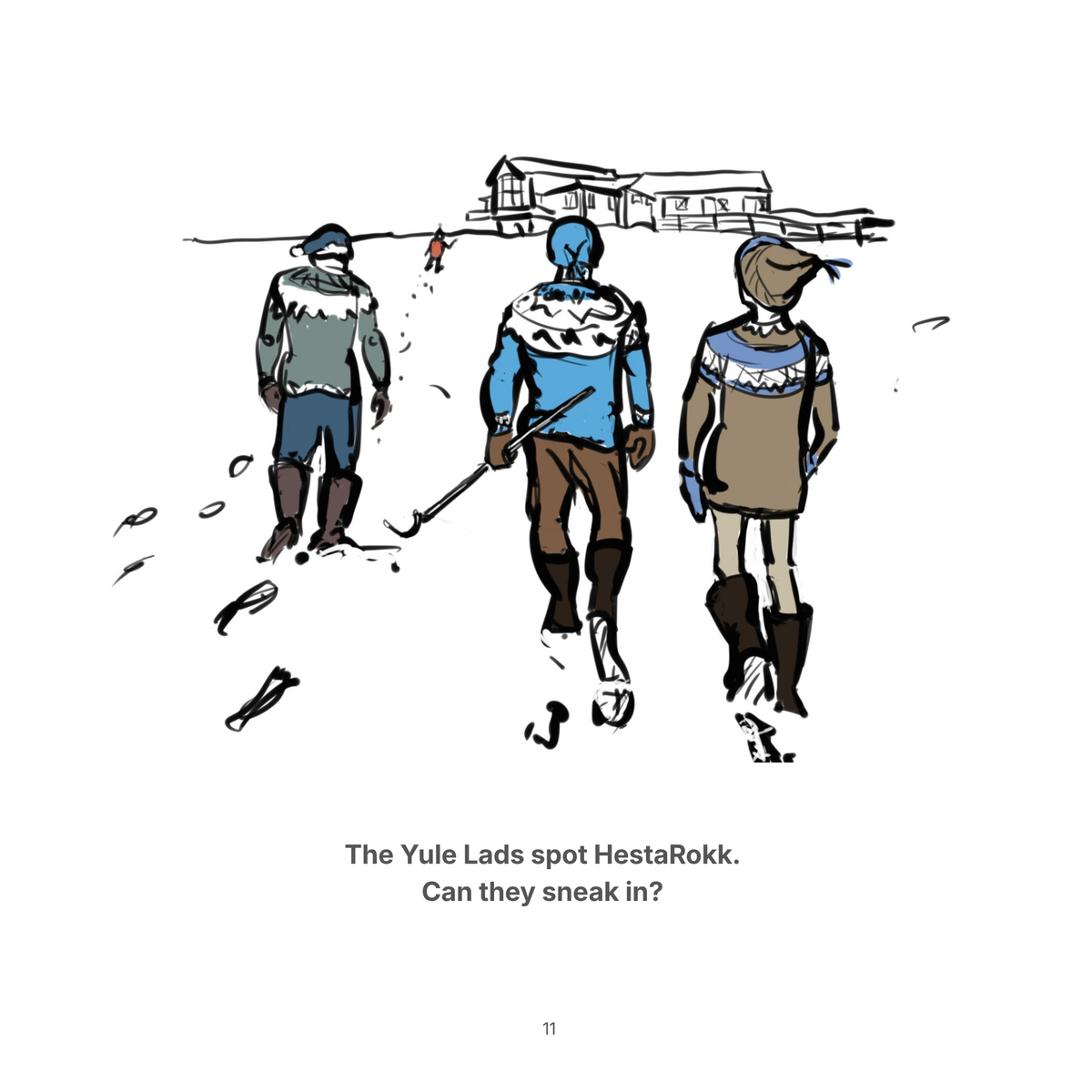 Inside page from The Yule Lads and the Great HestaRokk Hullabaloo, illustrated by Charlotte Guernsey