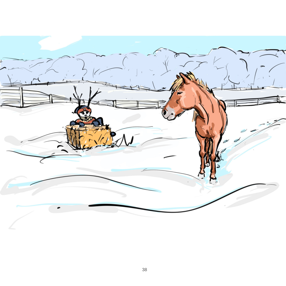 Inside page from The Yule Lads and the Great HestaRokk Hullabaloo, illustrated by Charlotte Guernsey