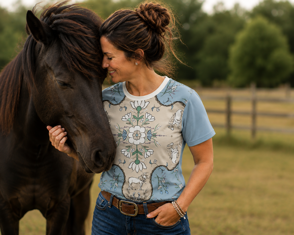 Lambs Hill Rug shirt, all-over print tee designed by Charlotte Guernsey