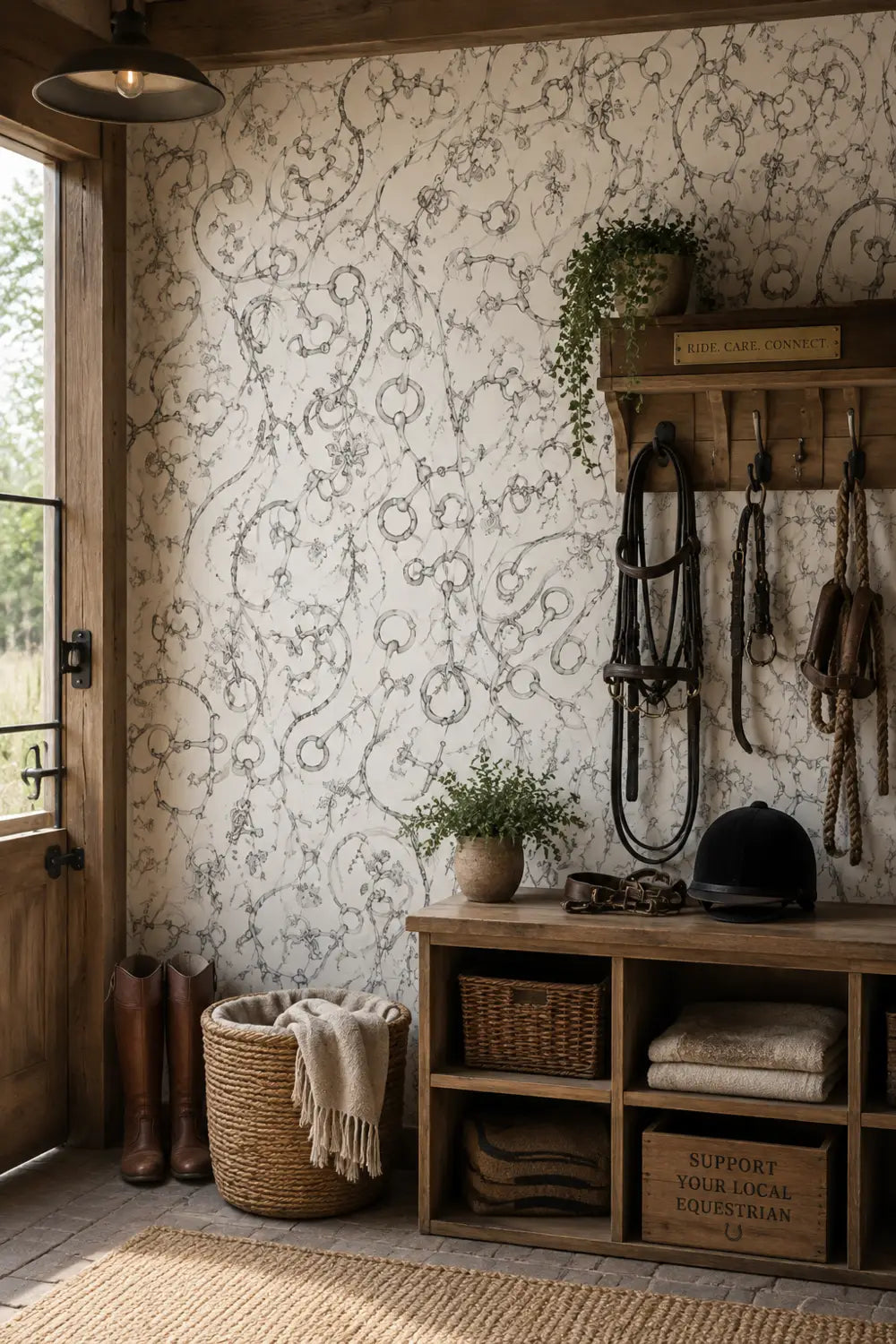 Equestrian tack peel and stick wallpaper with bridles and botanicals by Charlotte Guernsey