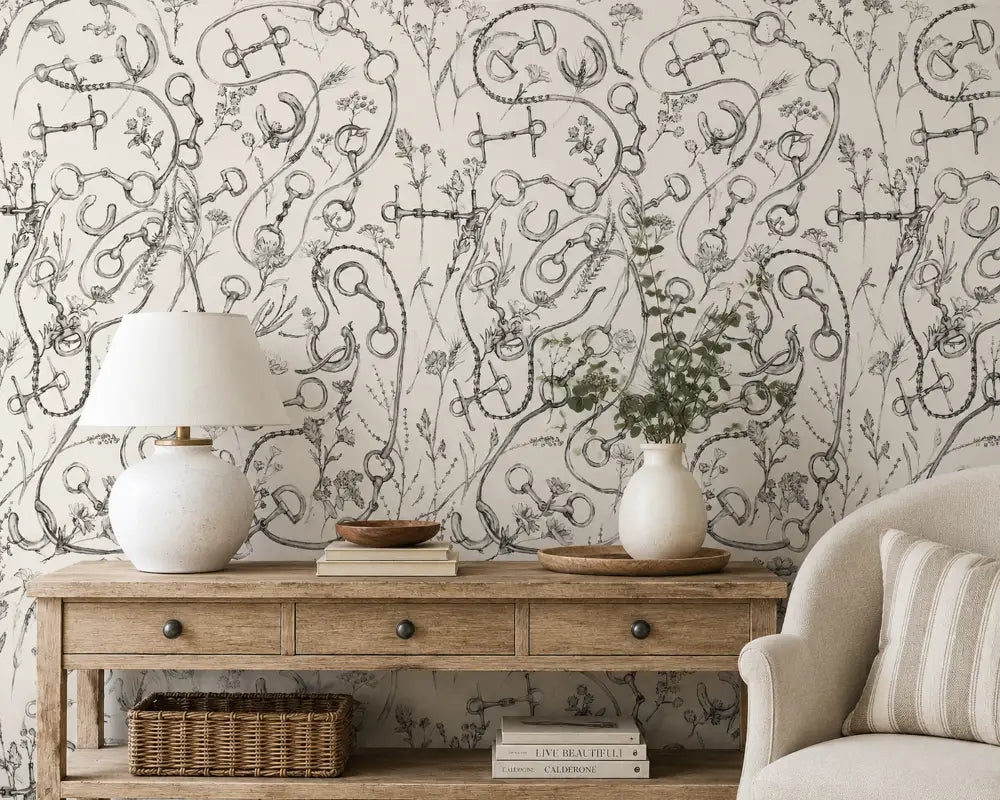 Equestrian wallpaper by Charlotte Guernsey installed in a room